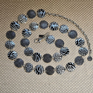 Chico's Belt Vintage 90's Animal Print Embossed Metal Discs Silver & Black M/L